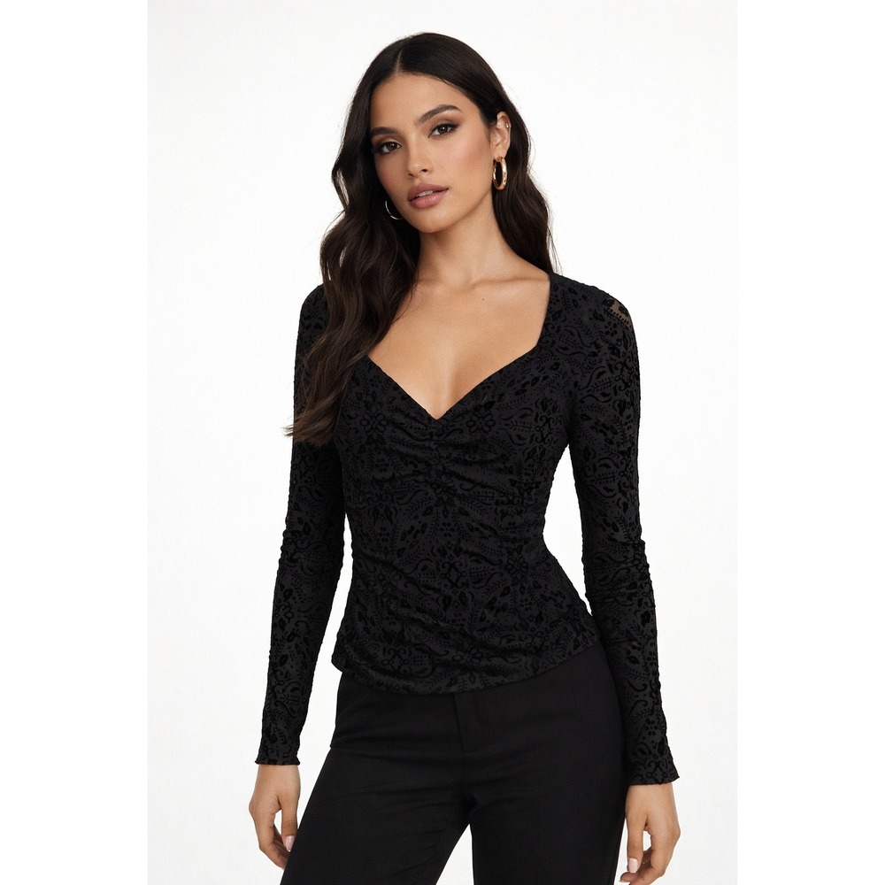 La Serein Black Burnout Velvet Damask Floral Long Sleeve Top Size S NWT